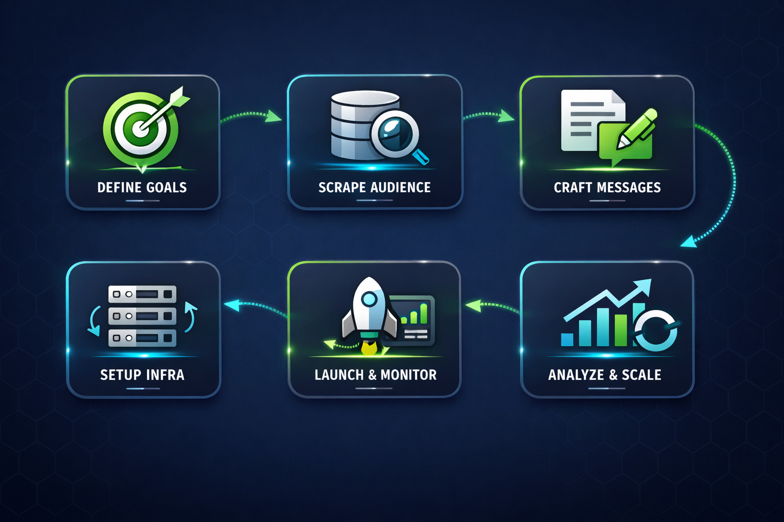 Telegram mass DM campaign workflow diagram showing 6-step process from brief submission to HTML report delivery